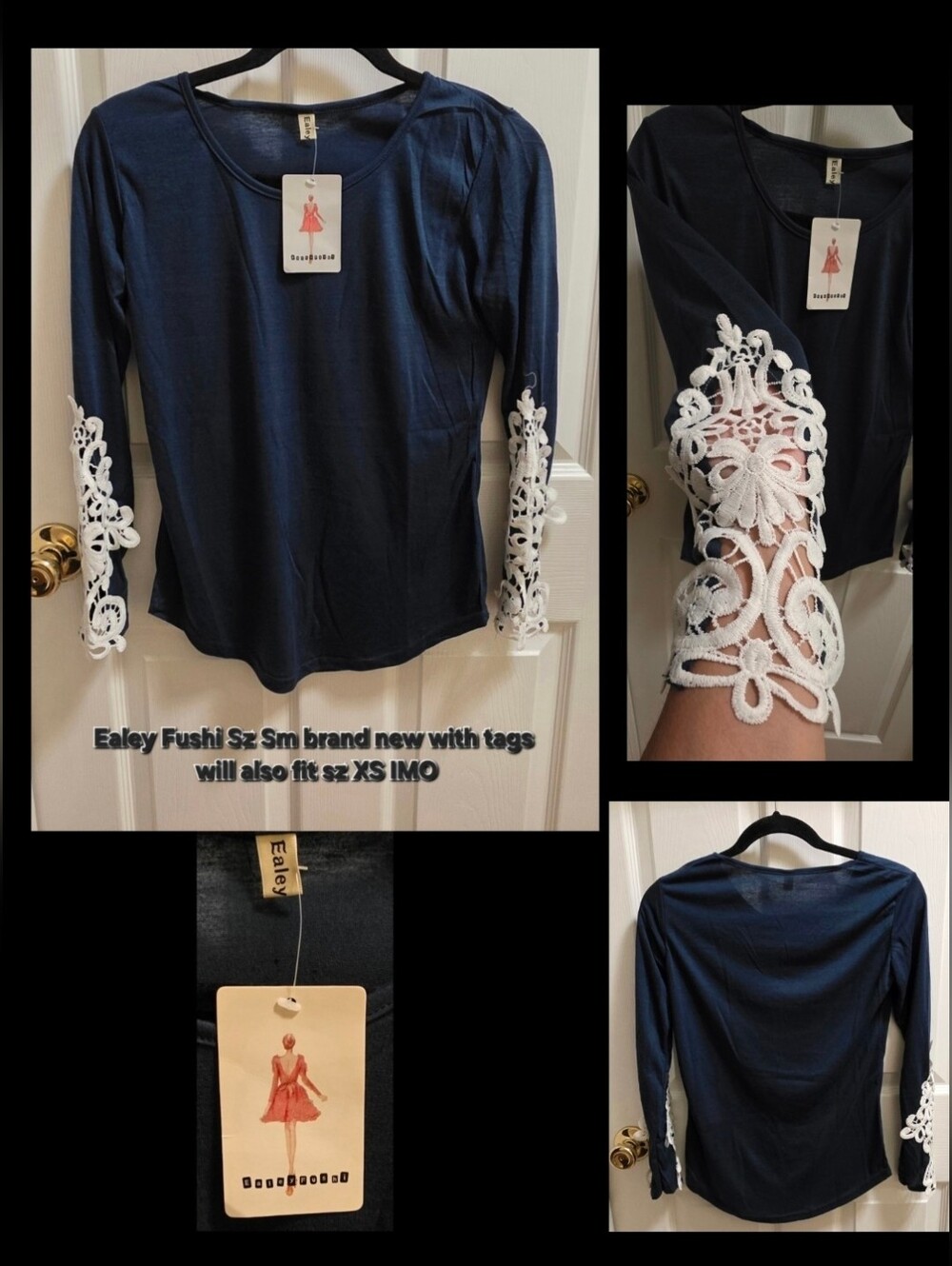 Ealey Fushi Navy Long-Sleeve Top with White Lace Sleeve Accents Sz Sm